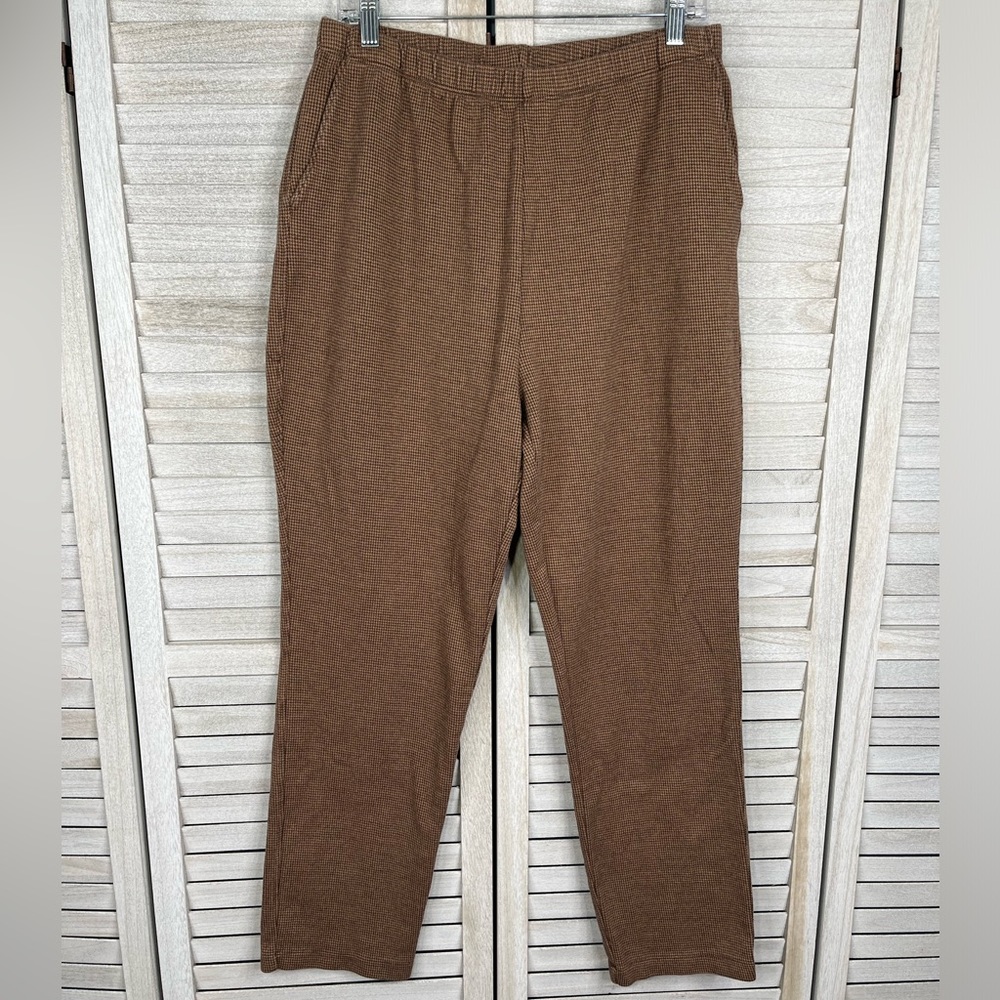 LANDS END Sport Knit Straight Leg Pull On Pants Brown Houndstooth-L